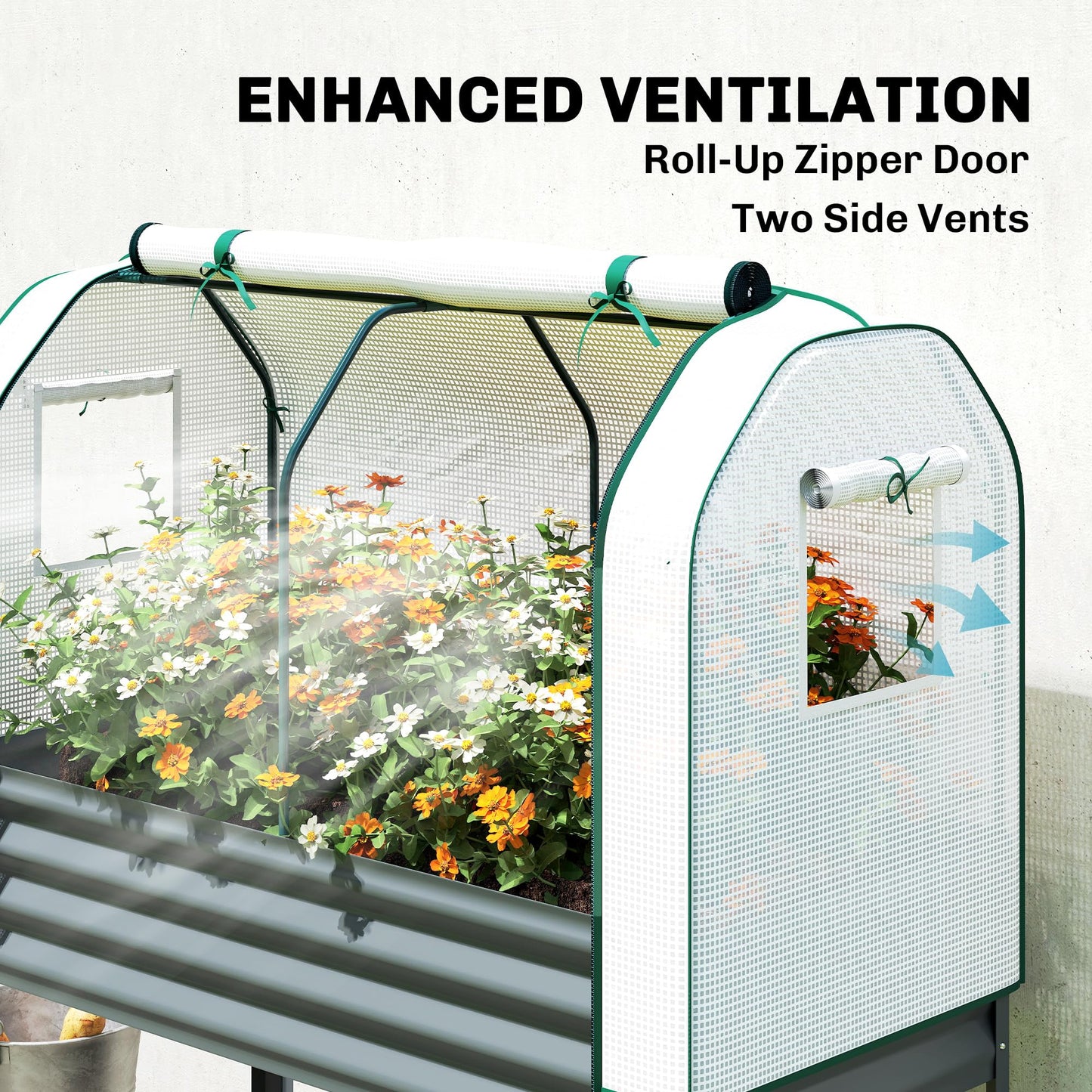 Outsunny Galvanised Raised Garden Bed with Greenhouse Cover, Metal Elevated Garden Bed with Legs, Bed Liner and Bottom Shelf, Outdoor Raised Planter Box for Vegetables, Herbs, Flowers, Dark Gray