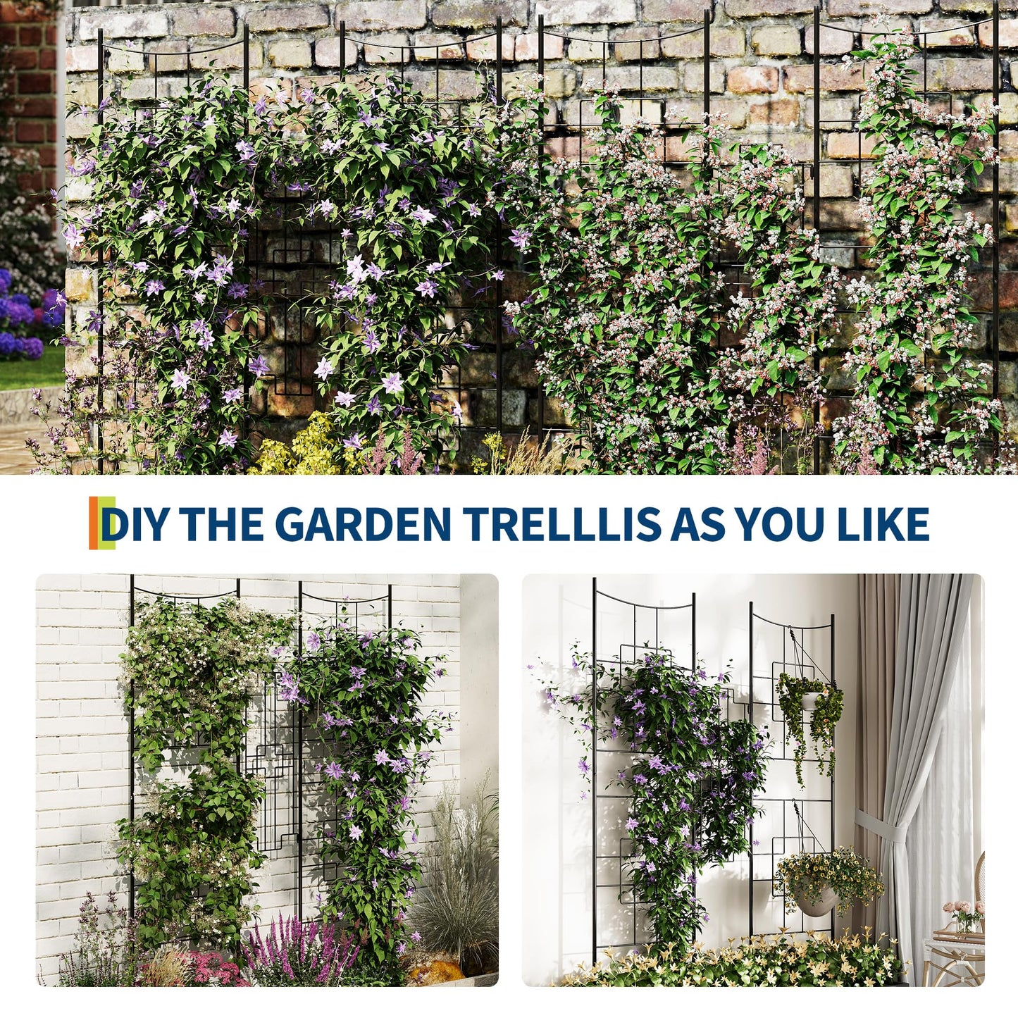 51" X 66" Metal Garden Trellises for Climbing Plants Outdoors, 5.5 FT Black Large Garden Arch Trellises for Roses, Vegetables Vines Flowers Support, Rustproof Privacy Screen Plant Support Frame